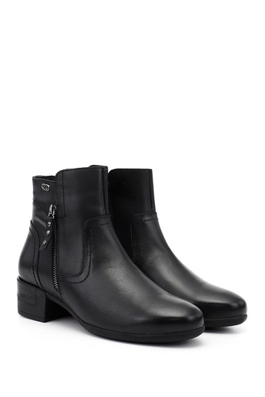 Womens Black Zip-Up Chunky Heel Genuine Leather Boots