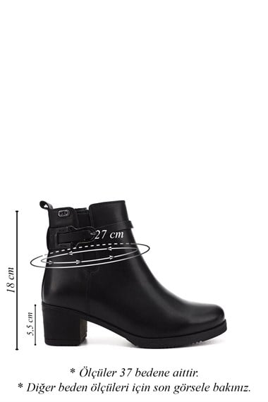 Kadın Siyah Fermuarlı Kalın Topuklu Hakiki Deri Bot