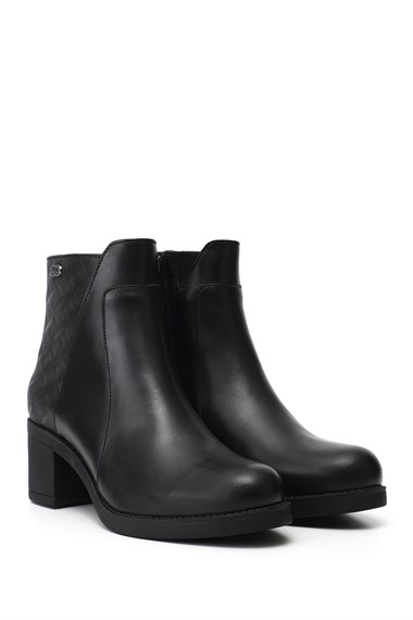 Kadın Siyah Fermuarlı Kalın Topuklu Hakiki Deri Bot
