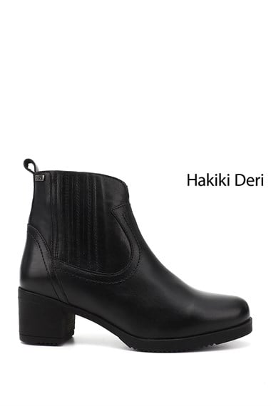Womens Black Zippered Thick Heel Genuine Leather Boots