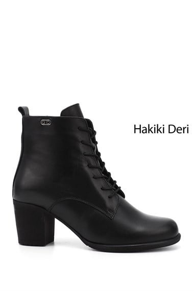 Kadın Siyah Fermuarlı Kalın Topuklu Hakiki Deri Postal Bot