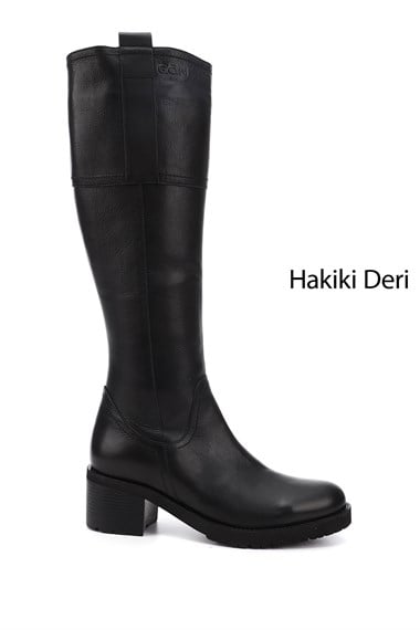 Kadın Siyah Fermuarlı Kalın Topuklu Hakiki Deri Çizme