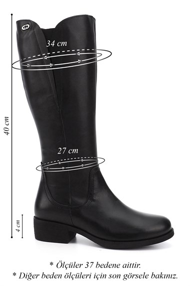 Womens Black Zippered Thick Heel Genuine Leather Boots