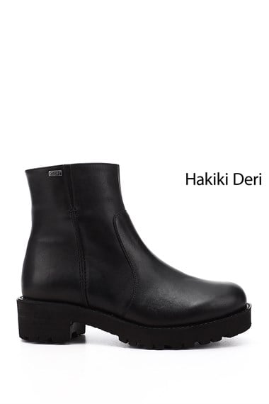 Womens Black Zippered Thick Heel Genuine Leather Boots