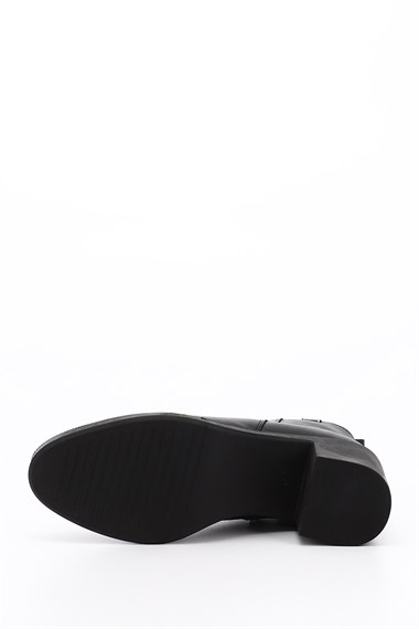 Womens Black Zippered Thick Heeled Genuine Leather Boots