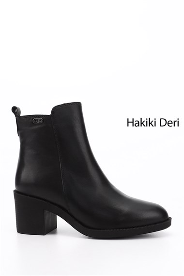 Kadın Siyah Fermuarlı Kalın Topuklu Hakiki Deri Bot
