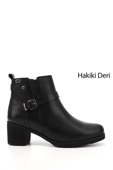 Kadın Siyah Fermuarlı Kalın Topuklu Hakiki Deri Bot