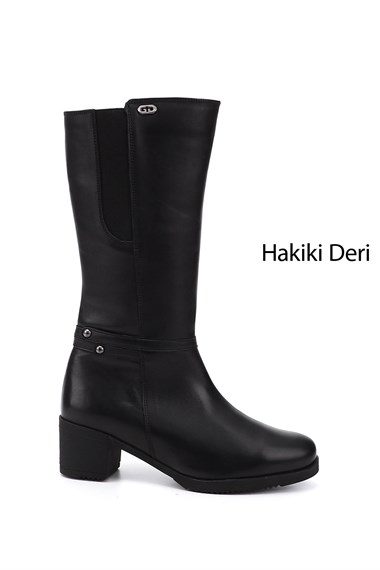 Kadın Siyah Fermuarlı Kalın Topuklu Hakiki Deri Çizme