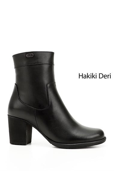 Kadın Siyah Fermuarlı Kalın Topuklu Hakiki Deri Bot