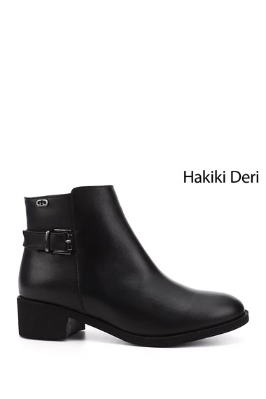 Kadın Siyah Fermuarlı Kalın Topuklu Hakiki Deri Bot