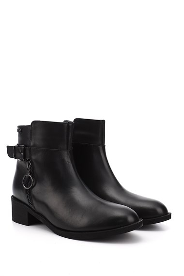 Womens Black Zippered Thick Heel Genuine Leather Boots