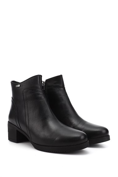 Womens Black Zippered Thick Heel Genuine Leather Boots