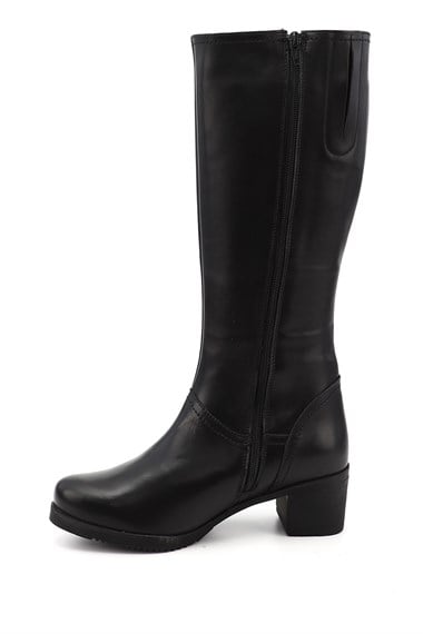 Womens Black Zippered Thick Heel Genuine Leather Boots
