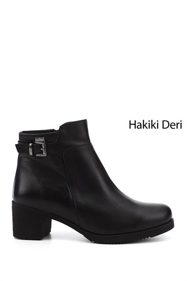 Kadın Siyah Fermuarlı Kalın Topuklu Hakiki Deri Bot