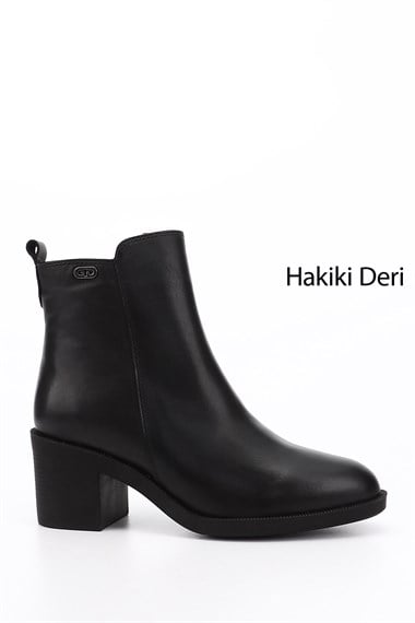 Womens Black Zippered Thick Heeled Genuine Leather Boots