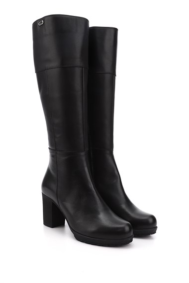 Womens Black Zippered Thick Heel Genuine Leather Boots
