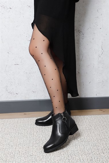 Womens Black Zippered Thick Heel Genuine Leather Boots