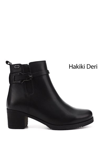 Kadın Siyah Fermuarlı Kalın Topuklu Hakiki Deri Bot