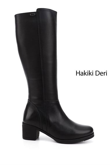 Womens Black Zippered Thick Heel Genuine Leather Boots
