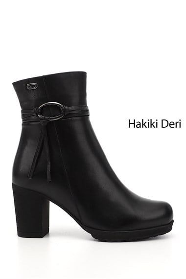 Womens Black Zippered Thick Heel Genuine Leather Boots
