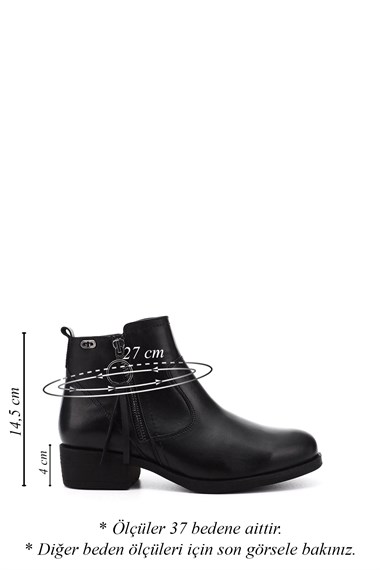 Womens Black Zippered Thick Heel Genuine Leather Boots