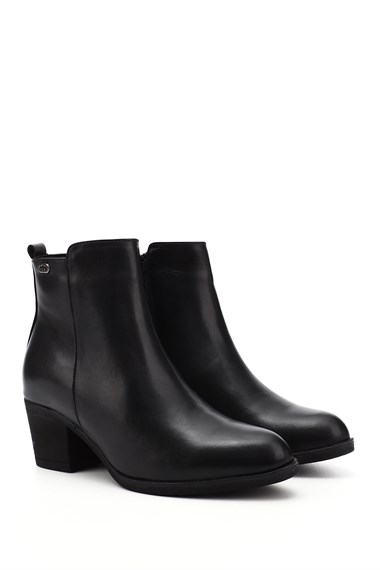 Womens Black Zippered Thick Heel Genuine Leather Boots