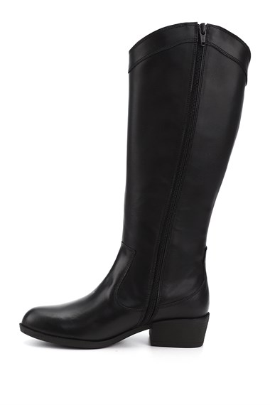 Womens Black Zippered Thick Heel Genuine Leather Cowboy Boots
