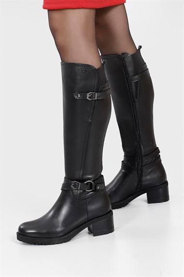 Womens Black Zippered Thick Heel Genuine Leather Boots
