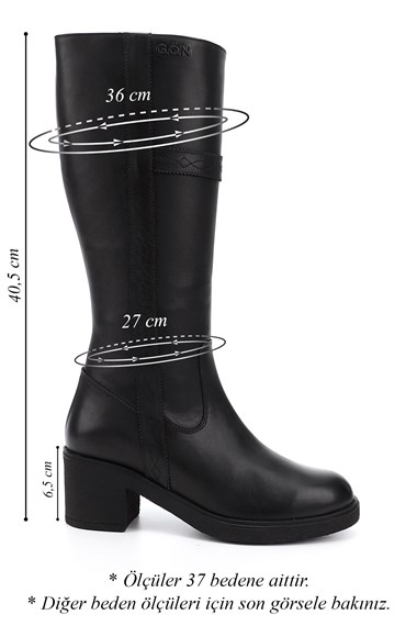 Womens Black Zippered Thick Heel Genuine Leather Boots