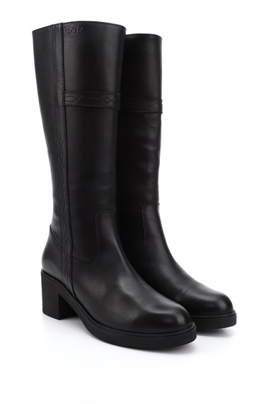 Womens Black Zippered Thick Heel Genuine Leather Boots