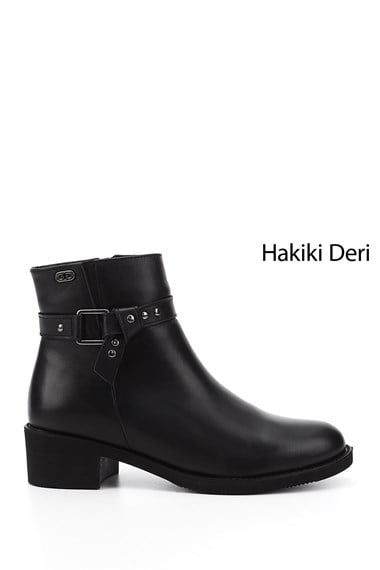 Womens Black Zippered Thick Heel Genuine Leather Boots