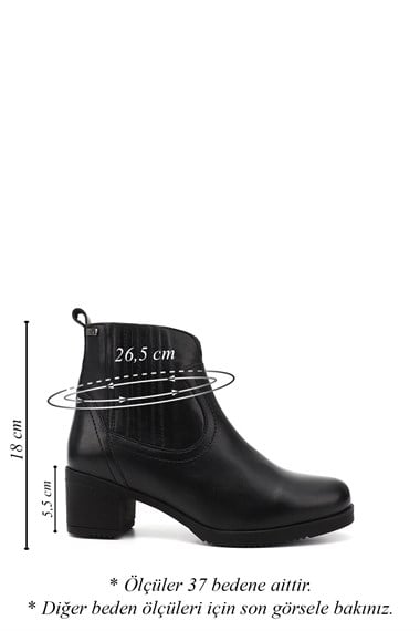 Womens Black Zippered Thick Heel Genuine Leather Boots