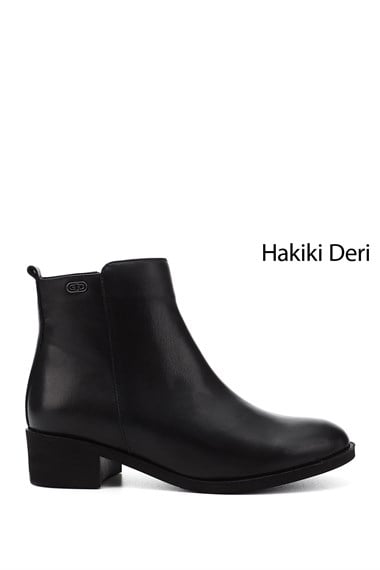 Kadın Siyah Fermuarlı Kalın Topuklu Hakiki Deri Bot