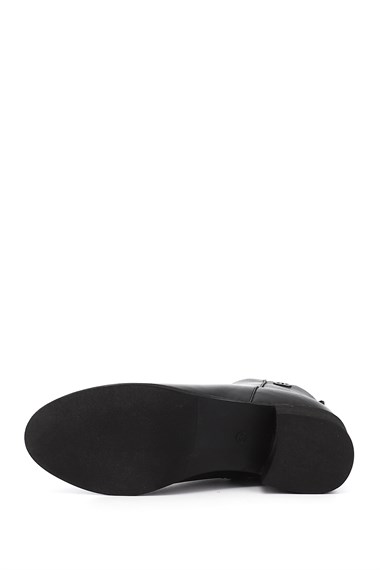 Womens Black Zippered Thick Heeled Genuine Leather Boots