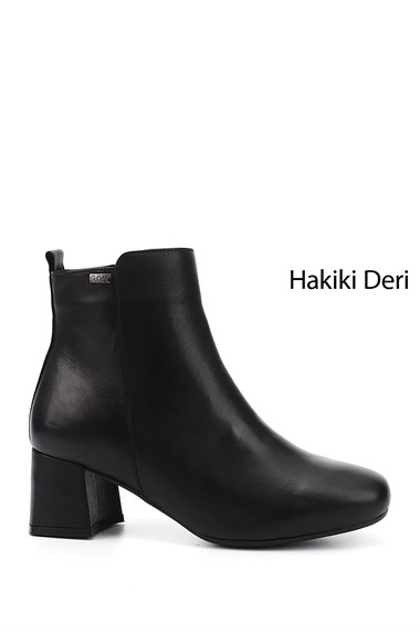 Kadın Siyah Fermuarlı Kalın Topuklu Hakiki Deri Bot