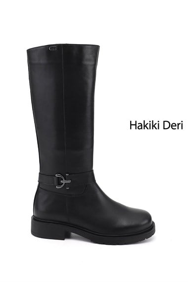 Kadın Siyah Fermuarlı Kalın Topuklu Hakiki Deri Çizme