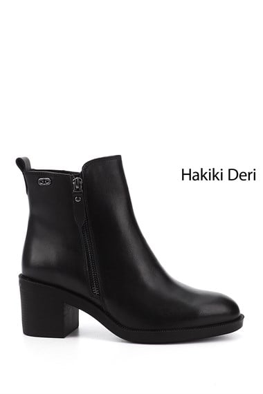 Kadın Siyah Fermuarlı Kalın Topuklu Hakiki Deri Bot
