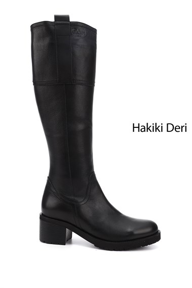 Kadın Siyah Fermuarlı Kalın Topuklu Hakiki Deri Çizme