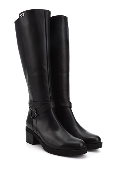 Womens Black Zippered Thick Heel Genuine Leather Boots