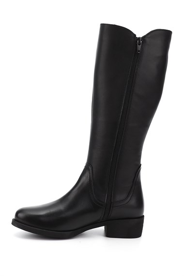 Womens Black Zippered Thick Heel Genuine Leather Boots
