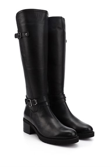 Womens Black Zippered Thick Heel Genuine Leather Boots