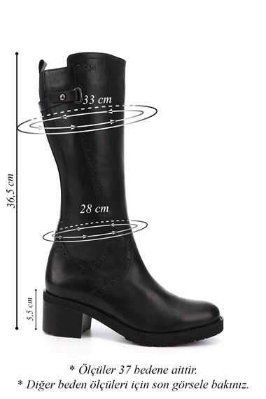 Womens Black Zippered Thick Heel Genuine Leather Boots