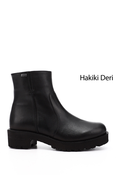 Kadın Siyah Fermuarlı Kalın Topuklu Hakiki Deri Bot