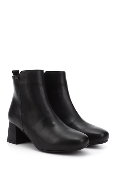 Womens Black Zippered Thick Heel Genuine Leather Boots