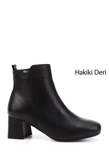 Womens Black Zippered Thick Heel Genuine Leather Boots