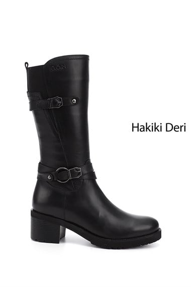 Kadın Siyah Fermuarlı Kalın Topuklu Hakiki Deri Çizme