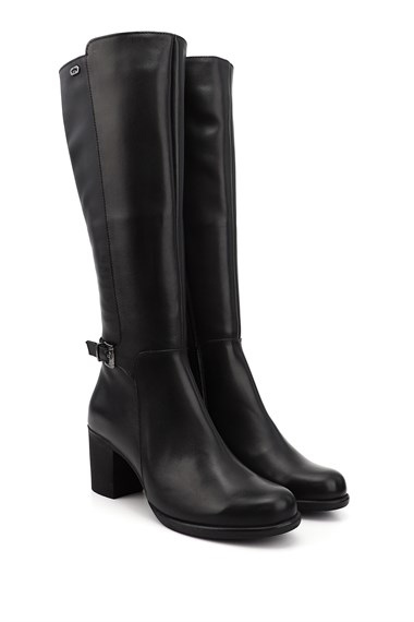 Womens Black Zippered Thick Heel Genuine Leather Boots