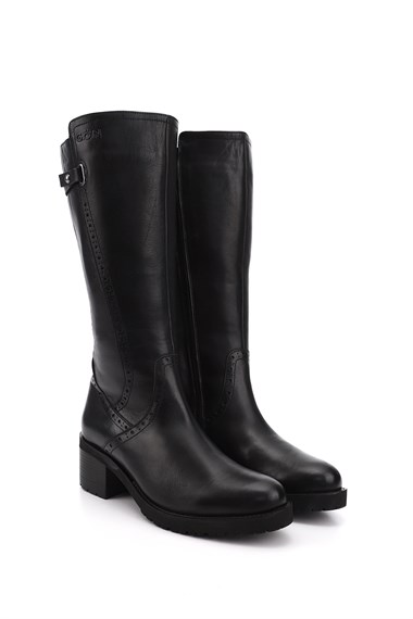 Womens Black Zippered Thick Heel Genuine Leather Boots