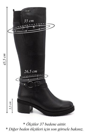 Womens Black Zippered Thick Heel Genuine Leather Boots