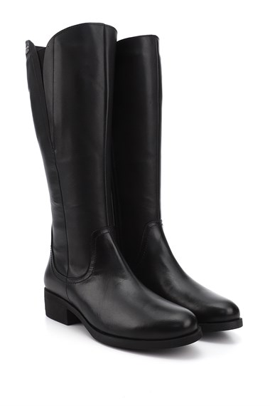 Womens Black Zippered Thick Heel Genuine Leather Boots